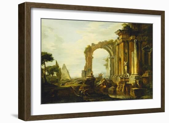 A Capriccio of Classical Ruins with the Pyramid of Cestius and Figures in a Landscape-Giovanni Paolo Panini-Framed Giclee Print