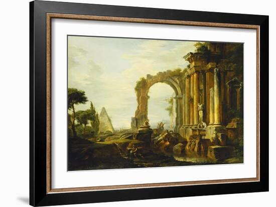 A Capriccio of Classical Ruins with the Pyramid of Cestius and Figures in a Landscape-Giovanni Paolo Panini-Framed Giclee Print