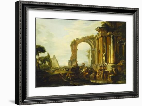 A Capriccio of Classical Ruins with the Pyramid of Cestius and Figures in a Landscape-Giovanni Paolo Panini-Framed Giclee Print