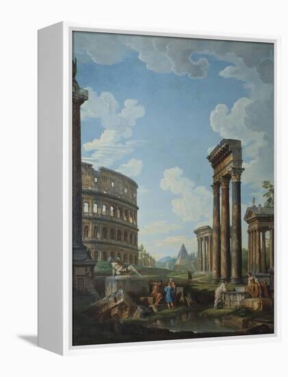 A Capriccio with Figures Among Roman Ruins Including the Arch of Constantine and the Pantheon-Giovanni Paolo Panini-Framed Premier Image Canvas
