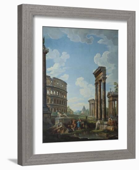 A Capriccio with Figures Among Roman Ruins Including the Arch of Constantine and the Pantheon-Giovanni Paolo Panini-Framed Giclee Print