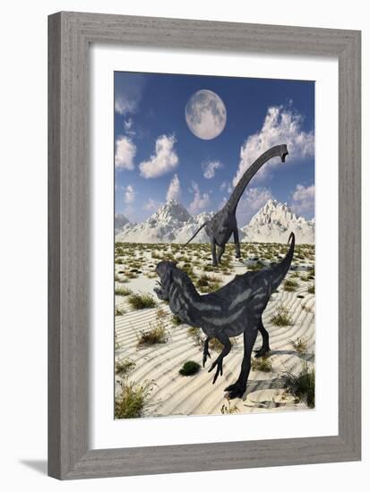 A Carnivorous Allosaurus Confronting a Giant Diplodocus-Stocktrek Images-Framed Art Print