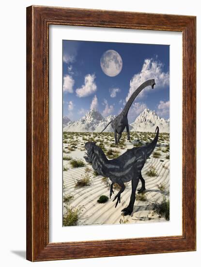 A Carnivorous Allosaurus Confronting a Giant Diplodocus-Stocktrek Images-Framed Art Print