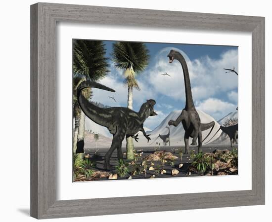 A Carnivorous Allosaurus Confronts a Giant Diplodocus Herbivore During the Jurassic Period on Earth-Stocktrek Images-Framed Photographic Print