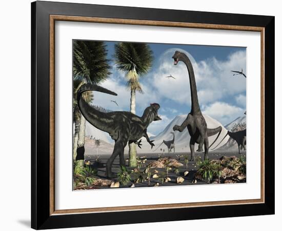 A Carnivorous Allosaurus Confronts a Giant Diplodocus Herbivore During the Jurassic Period on Earth-Stocktrek Images-Framed Photographic Print