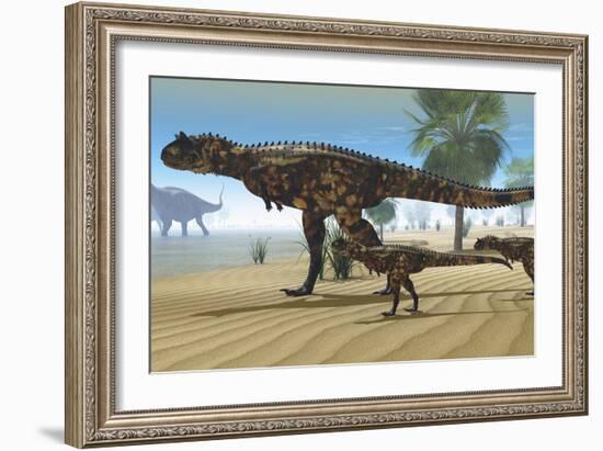 A Carnotaurus Mother Brings Her Offspring Down to a River to Drink-null-Framed Art Print