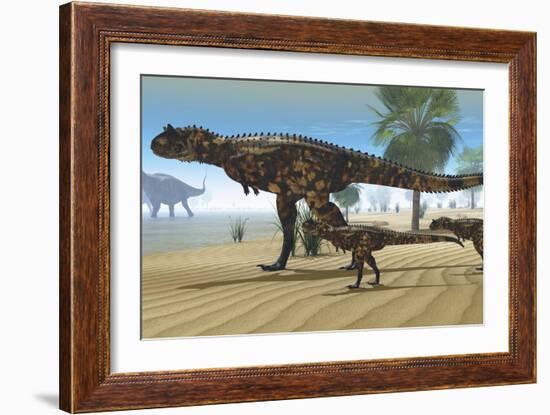 A Carnotaurus Mother Brings Her Offspring Down to a River to Drink-null-Framed Art Print