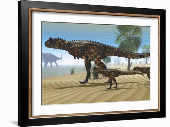 A Carnotaurus Mother Brings Her Offspring Down to a River to Drink-null-Framed Art Print