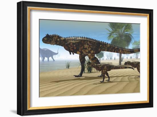 A Carnotaurus Mother Brings Her Offspring Down to a River to Drink-null-Framed Art Print