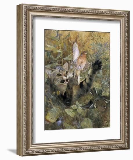 A Cat and a Chaffinch, 1885, by Bruno Liljefors, 1860–1939, Swedish painting,-Bruno Liljefors-Framed Art Print
