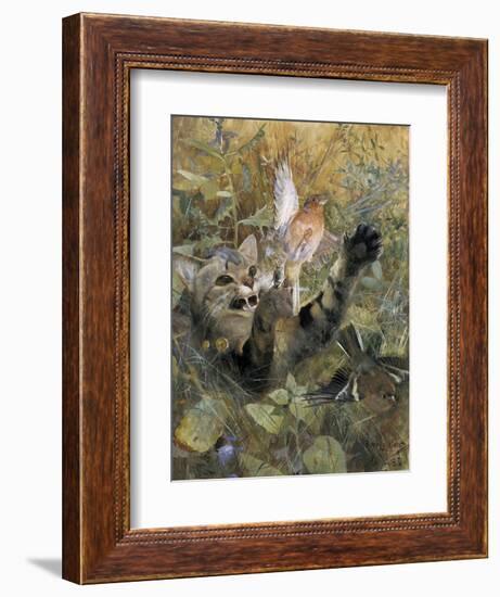 A Cat and a Chaffinch, 1885, by Bruno Liljefors, 1860–1939, Swedish painting,-Bruno Liljefors-Framed Art Print