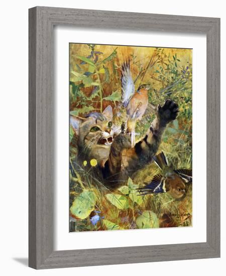 A Cat and a Chaffinch, 1885-Bruno Liljefors-Framed Giclee Print