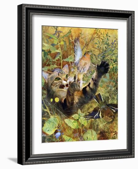 A Cat and a Chaffinch, 1885-Bruno Liljefors-Framed Giclee Print