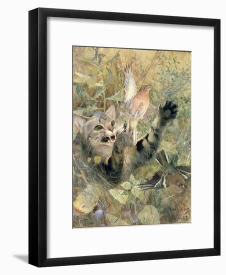 A Cat and a Chaffinch, 1885-Bruno Andreas Liljefors-Framed Giclee Print