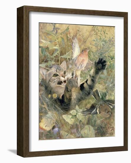 A Cat and a Chaffinch, 1885-Bruno Andreas Liljefors-Framed Giclee Print
