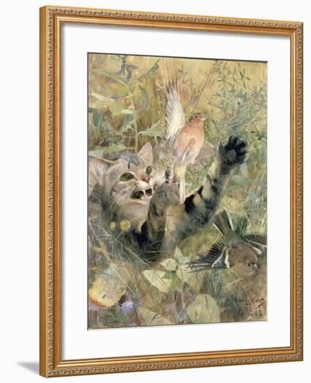 A Cat and a Chaffinch, 1885-Bruno Andreas Liljefors-Framed Giclee Print