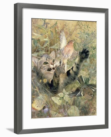 A Cat and a Chaffinch, 1885-Bruno Andreas Liljefors-Framed Giclee Print