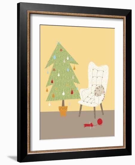 A Cat on a Chair Next to a Christmas Tree-null-Framed Giclee Print