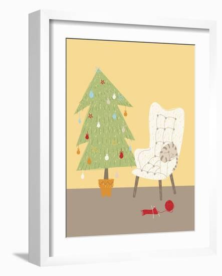 A Cat on a Chair Next to a Christmas Tree-null-Framed Giclee Print