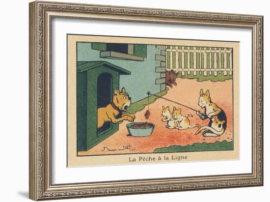 A Cat Plays with Tending Food to the Dog Attached to its Kennel.” Angling” ,1936 (Illustration)-Benjamin Rabier-Framed Giclee Print