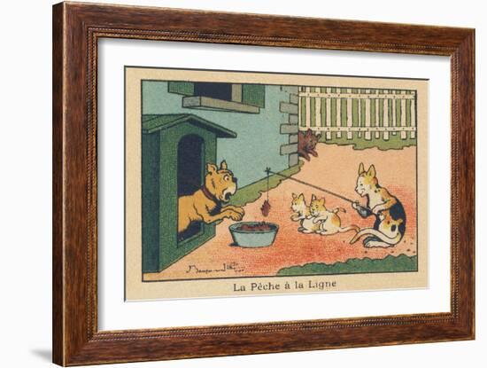 A Cat Plays with Tending Food to the Dog Attached to its Kennel.” Angling” ,1936 (Illustration)-Benjamin Rabier-Framed Giclee Print