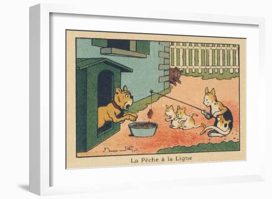 A Cat Plays with Tending Food to the Dog Attached to its Kennel.” Angling” ,1936 (Illustration)-Benjamin Rabier-Framed Giclee Print