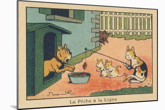 A Cat Plays with Tending Food to the Dog Attached to its Kennel.” Angling” ,1936 (Illustration)-Benjamin Rabier-Mounted Giclee Print