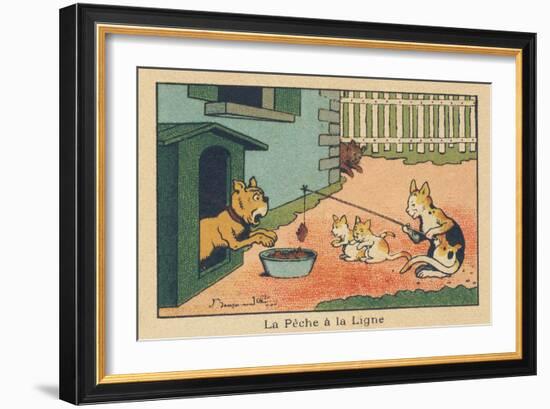 A Cat Plays with Tending Food to the Dog Attached to its Kennel.” Angling” ,1936 (Illustration)-Benjamin Rabier-Framed Giclee Print