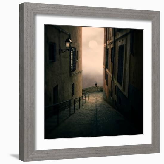 A Cat Watching the Moon in a Dark Street-Luis Beltran-Framed Photographic Print