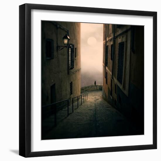 A Cat Watching the Moon in a Dark Street-Luis Beltran-Framed Photographic Print