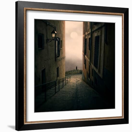 A Cat Watching the Moon in a Dark Street-Luis Beltran-Framed Photographic Print