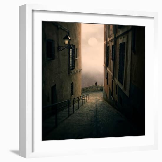 A Cat Watching the Moon in a Dark Street-Luis Beltran-Framed Photographic Print