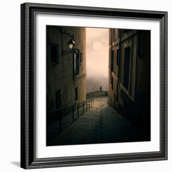 A Cat Watching the Moon in a Dark Street-Luis Beltran-Framed Photographic Print