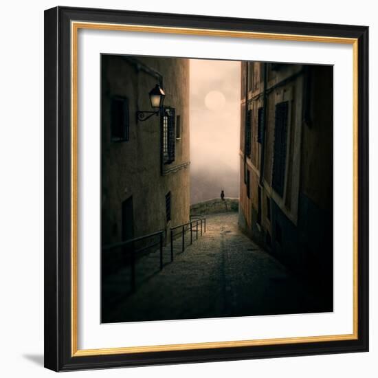 A Cat Watching the Moon in a Dark Street-Luis Beltran-Framed Photographic Print