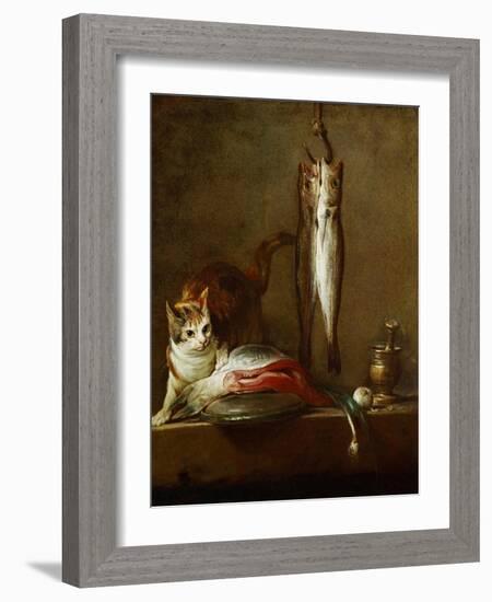 A Cat with a Piece of Salmon, Two Mackerels, Mortar and Pestle, 1728-Jean-Baptiste Simeon Chardin-Framed Giclee Print