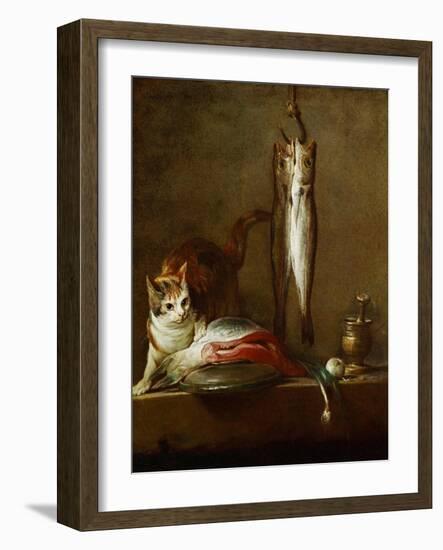 A Cat with a Piece of Salmon, Two Mackerels, Mortar and Pestle, 1728-Jean-Baptiste Simeon Chardin-Framed Giclee Print