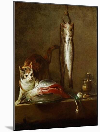 A Cat with a Piece of Salmon, Two Mackerels, Mortar and Pestle, 1728-Jean-Baptiste Simeon Chardin-Mounted Giclee Print