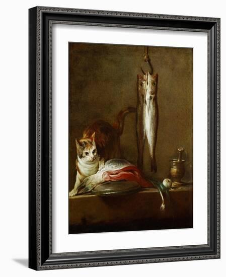 A Cat with a Piece of Salmon, Two Mackerels, Mortar and Pestle, 1728-Jean-Baptiste Simeon Chardin-Framed Giclee Print