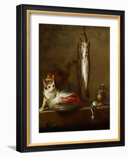 A Cat with a Piece of Salmon, Two Mackerels, Mortar and Pestle, 1728-Jean-Baptiste Simeon Chardin-Framed Giclee Print