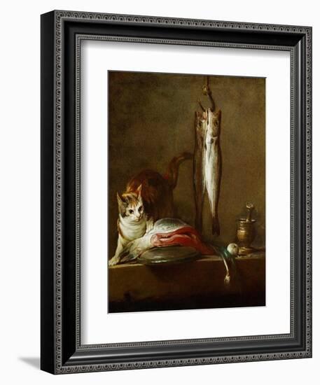 A Cat with a Piece of Salmon, Two Mackerels, Mortar and Pestle, 1728-Jean-Baptiste Simeon Chardin-Framed Giclee Print