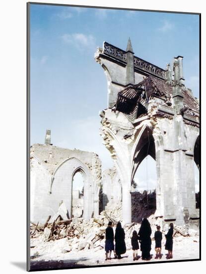 A Catholic Nun and Two Women with Children Standing in Front of the Ruins of Eglise Saint-Malo-null-Mounted Photographic Print