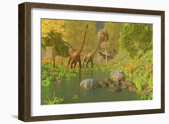 A Ceratosaurus Tries to Sneak Up Behind Two Diplodocus Dinosaurs-Stocktrek Images-Framed Art Print