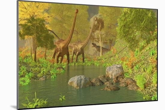 A Ceratosaurus Tries to Sneak Up Behind Two Diplodocus Dinosaurs-Stocktrek Images-Mounted Art Print