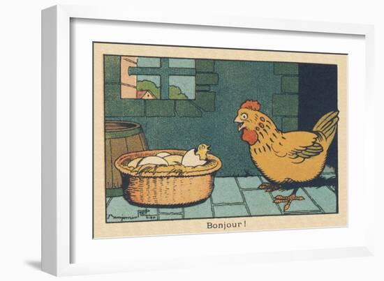 A Chicken in Front of an Egg that Has Just Hatched.” Good Morning” ,1936 (Illustration)-Benjamin Rabier-Framed Giclee Print