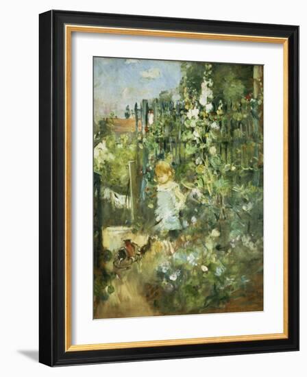 A Child in the Hollyhocks, 1881-Camille Pissarro-Framed Premium Giclee Print