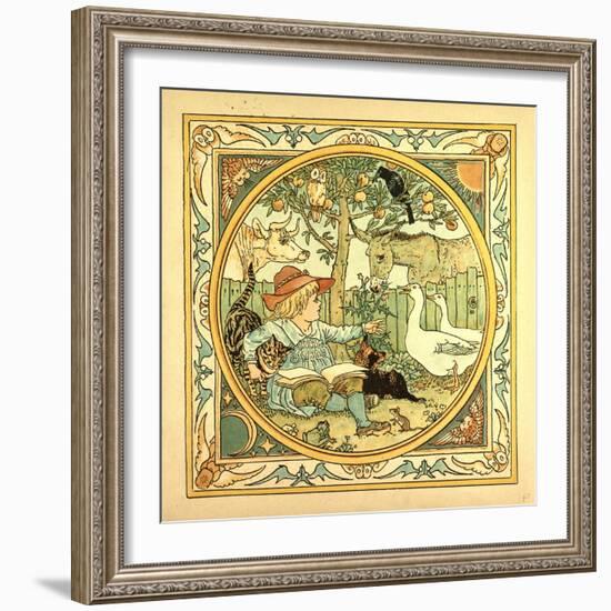 A Child Surrounded by a Cat Donkey Geese a Raven a Mouse a Frog an Owl and a Cow-null-Framed Giclee Print