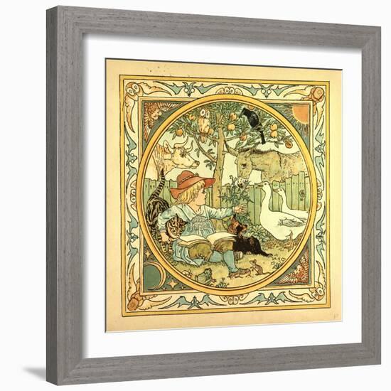 A Child Surrounded by a Cat Donkey Geese a Raven a Mouse a Frog an Owl and a Cow-null-Framed Giclee Print