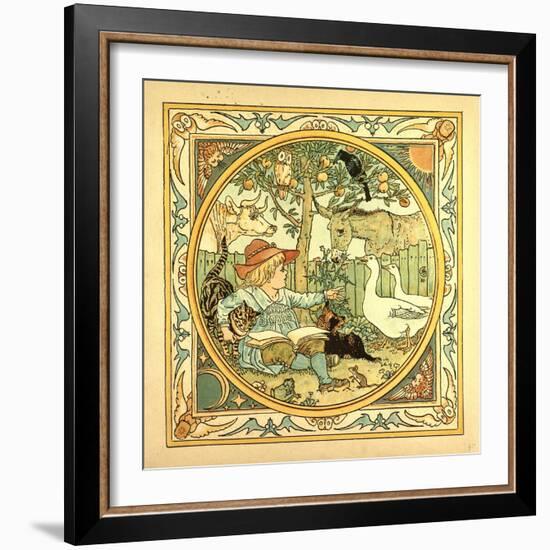 A Child Surrounded by a Cat Donkey Geese a Raven a Mouse a Frog an Owl and a Cow-null-Framed Giclee Print