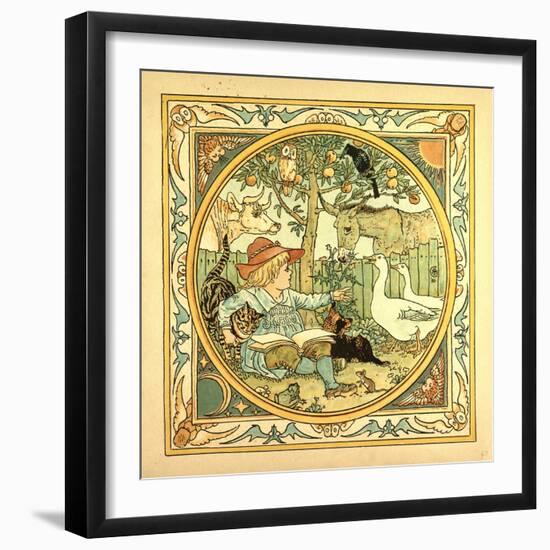 A Child Surrounded by a Cat Donkey Geese a Raven a Mouse a Frog an Owl and a Cow-null-Framed Giclee Print