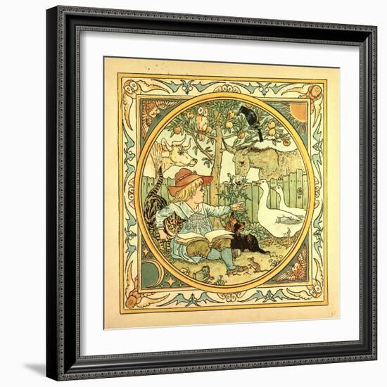 A Child Surrounded by a Cat Donkey Geese a Raven a Mouse a Frog an Owl and a Cow-null-Framed Giclee Print